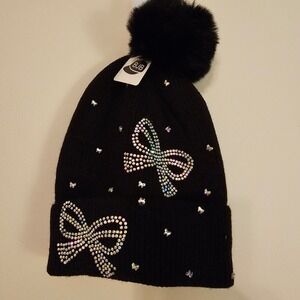 BJB Black Knit Beanie Hat Rhinestone Bows Butterfly Faux Fur Pom Pom New w Tag